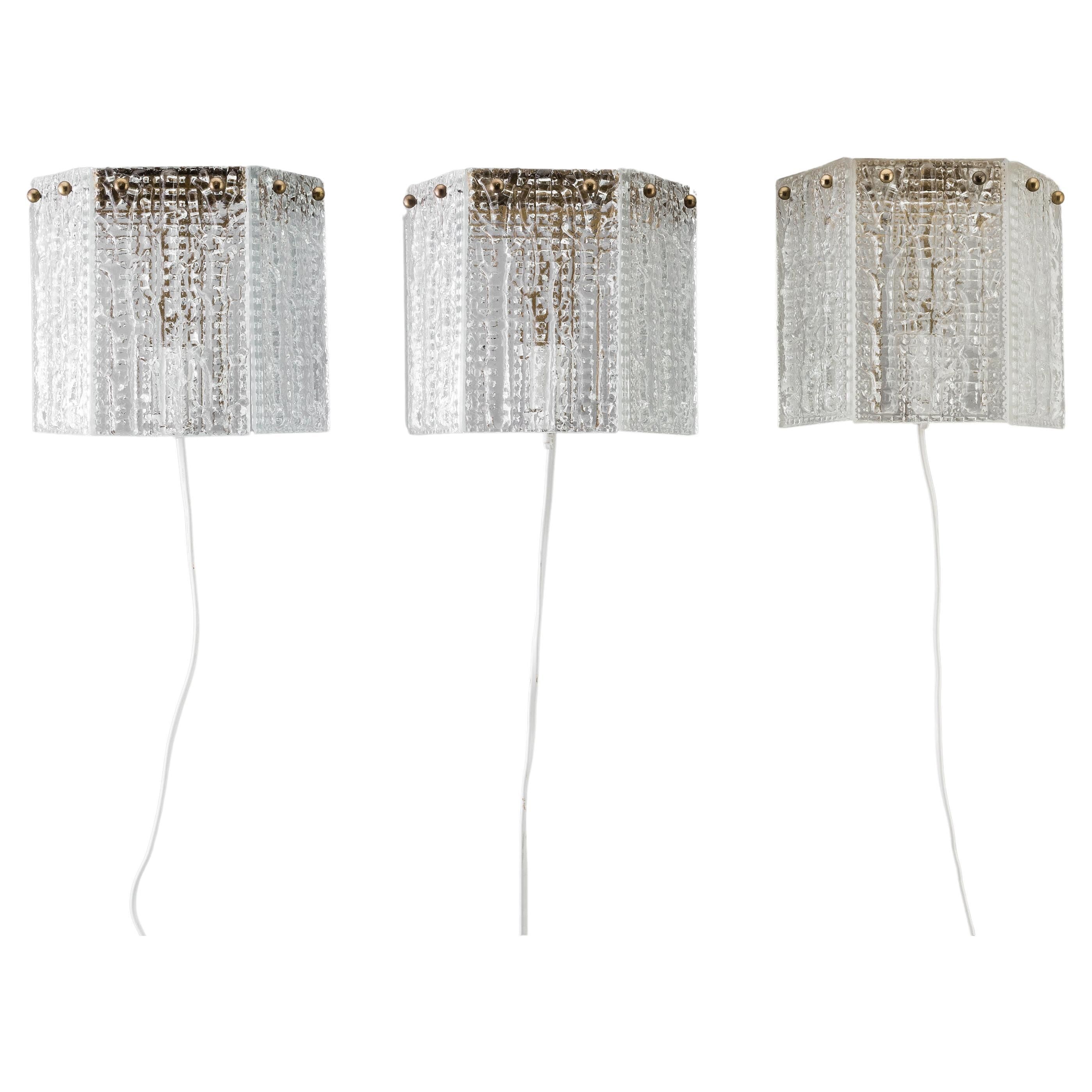 Orrefors Wall Sconces / Wall Lanterns Glass and Brass. Sweden 1960.