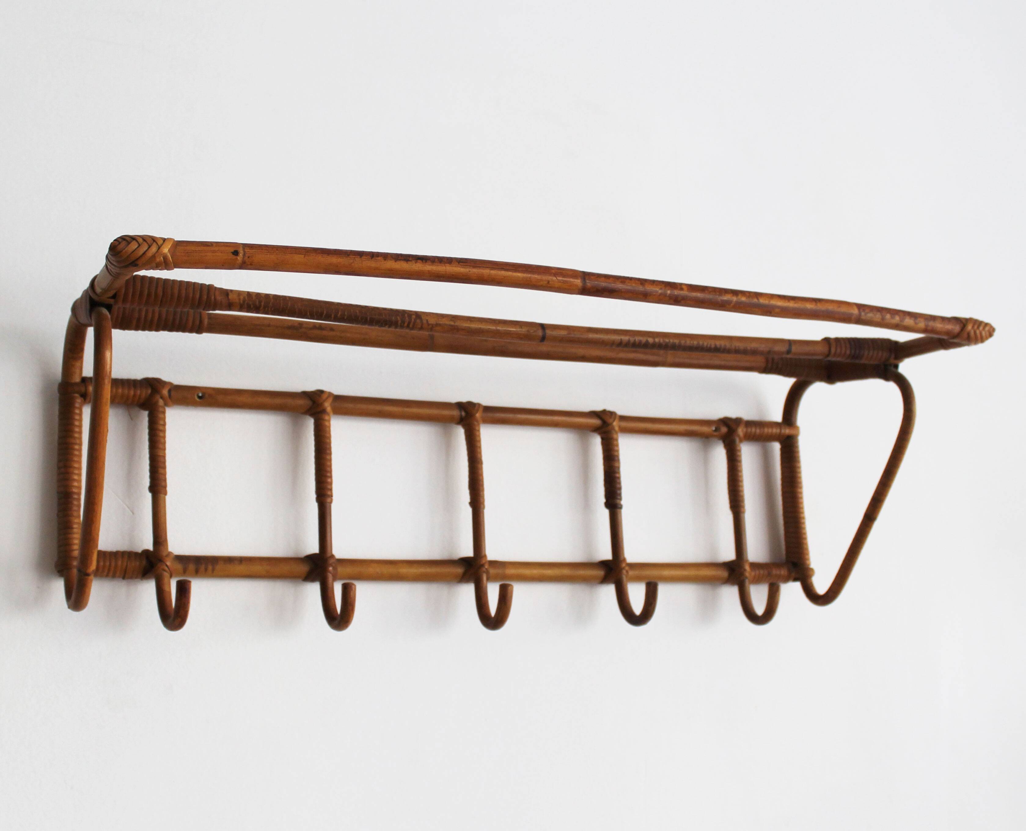 1960s Czechoslovak Rattan Wall Coat & Hat Rack, ÚLUV