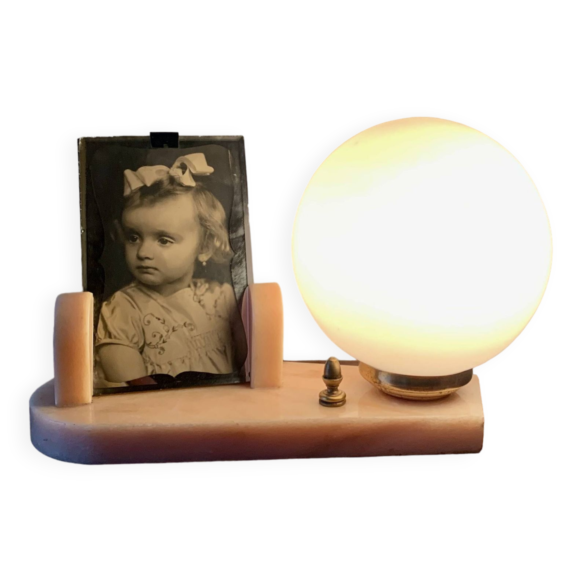 Art Deco pink marble and glass bedside lamp with photo holder