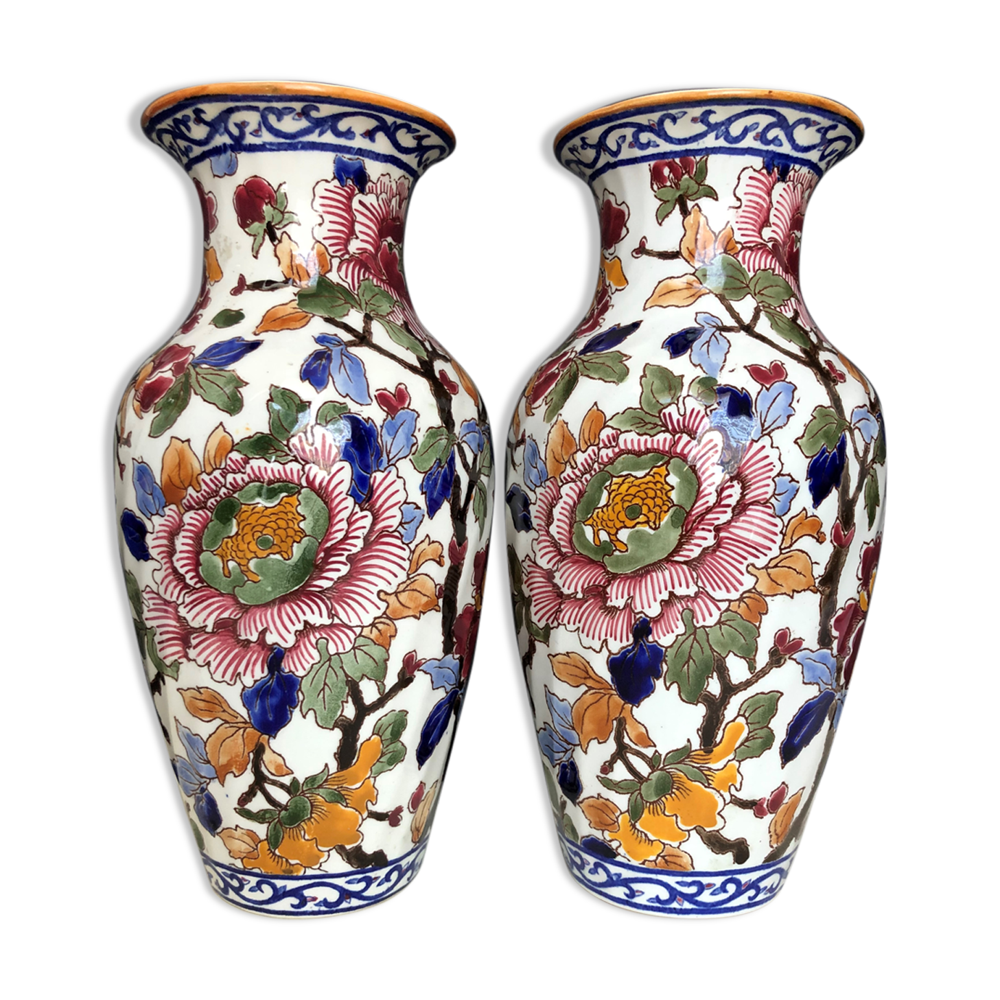 Pair of large Vase in Gien earthen earthen pattern Peonies