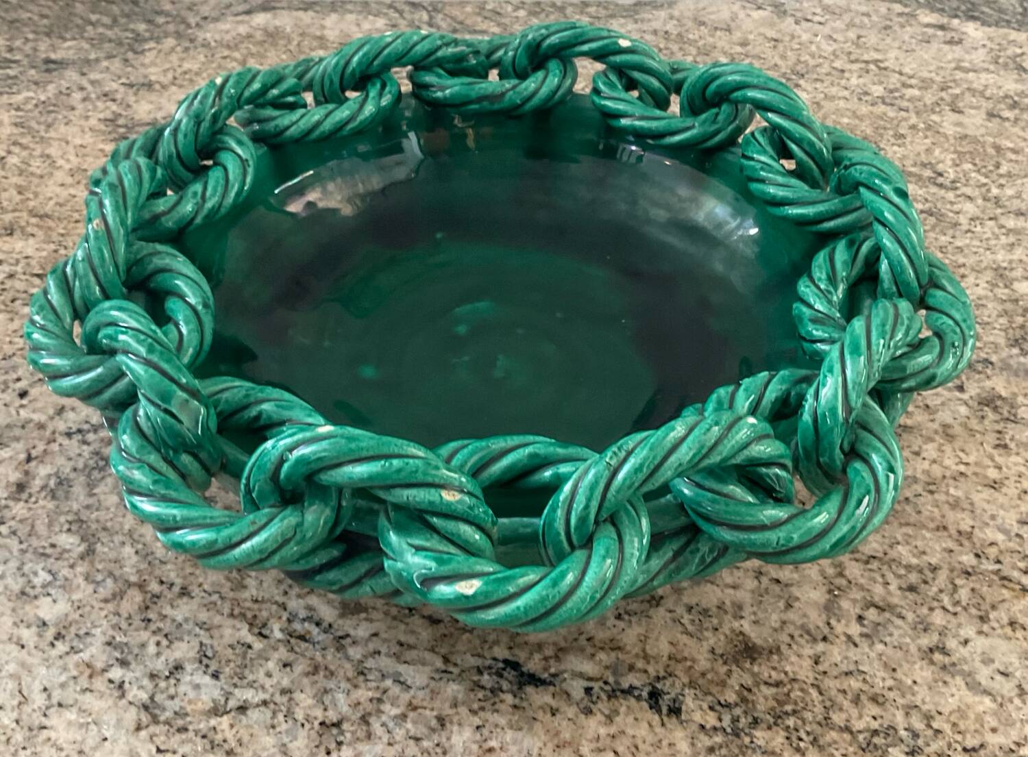 Large ceramic dish from Vallauris with green enamelled rope