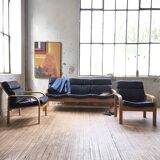 Danish Mathsson sofa + 2 armchairs in curved wood and leather