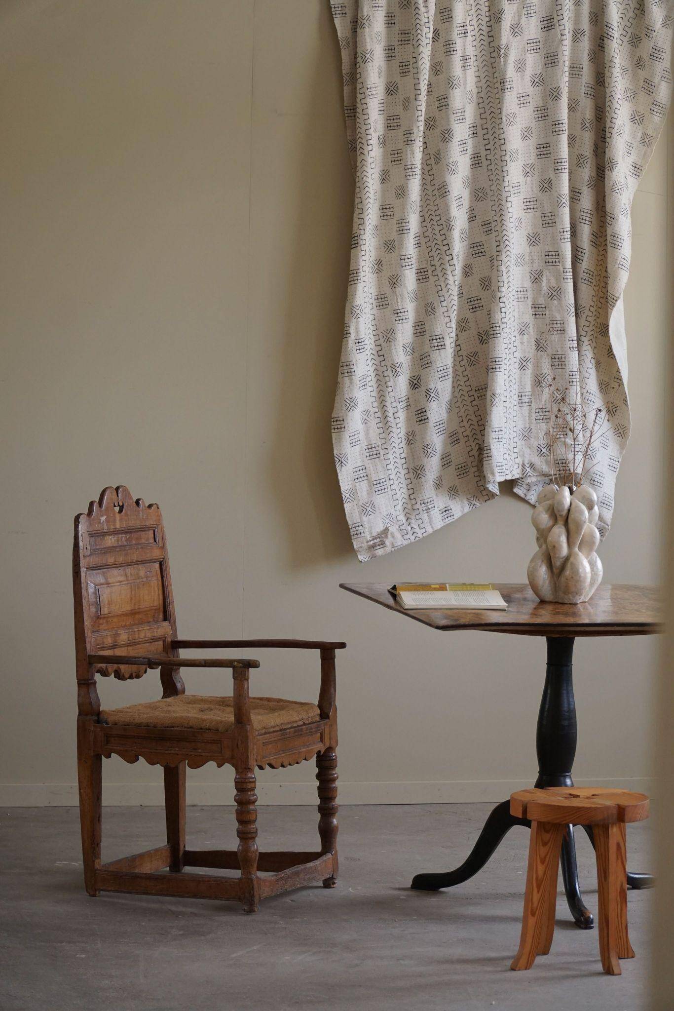 Antique square table with drop leaves made of burl wood, handcrafted in Sweden, 19th century.