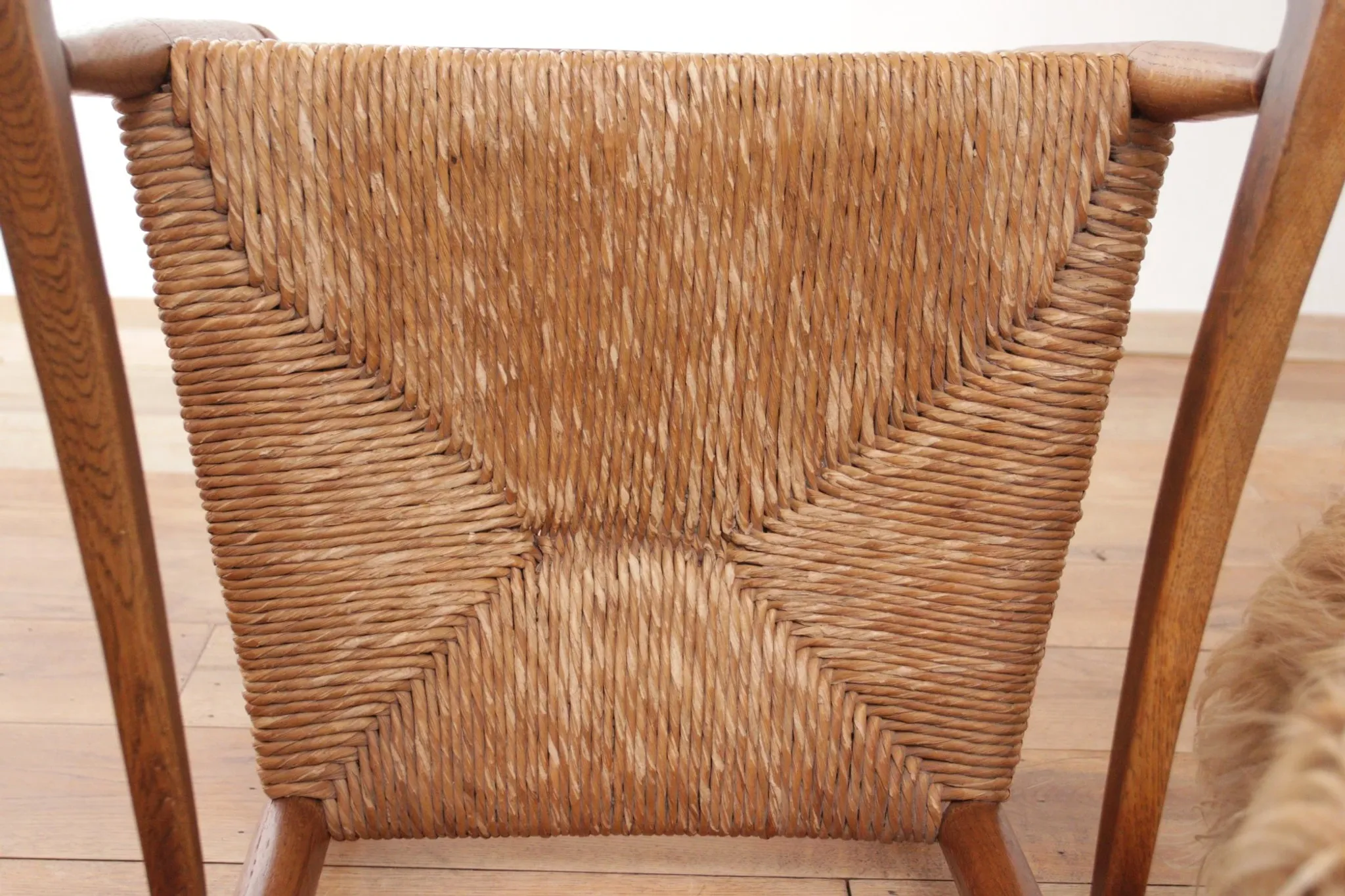 Dutch oak ladderback armchair with rush seat – 1950s