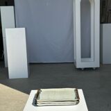 Trio of small rectangular serving dishes white and black Indonesian ceramic 21x16
