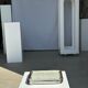 Trio of small rectangular serving dishes white and black Indonesian ceramic 21x16