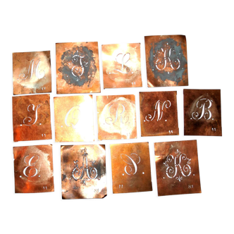 Set of 11 antique copper stencils - industrial monogram letters