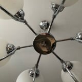 Art Deco chandelier with 6 lights in opaline glass and chrome metal.