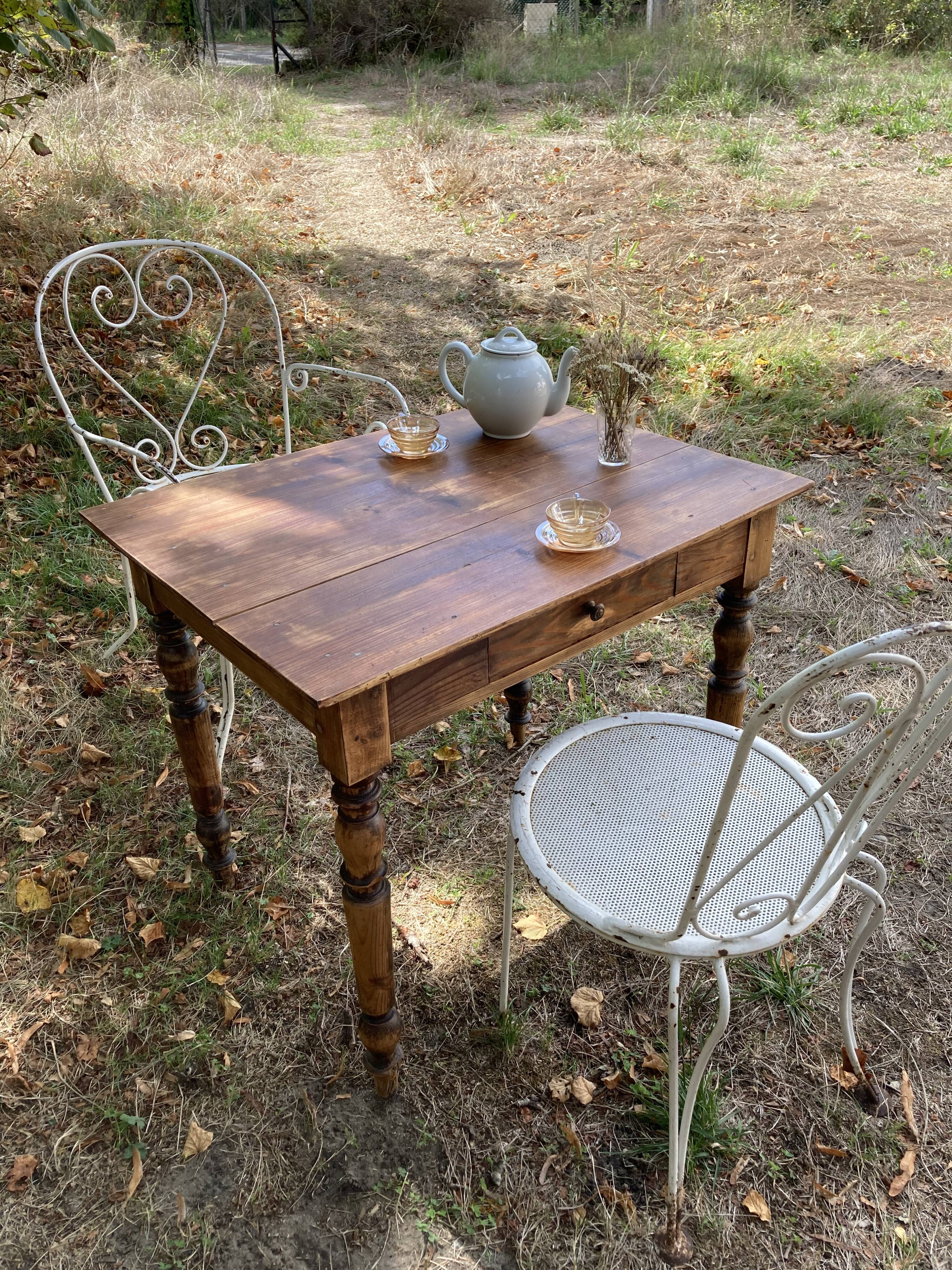 Farmhouse table 80x59cm XIXth century wooden with drawer