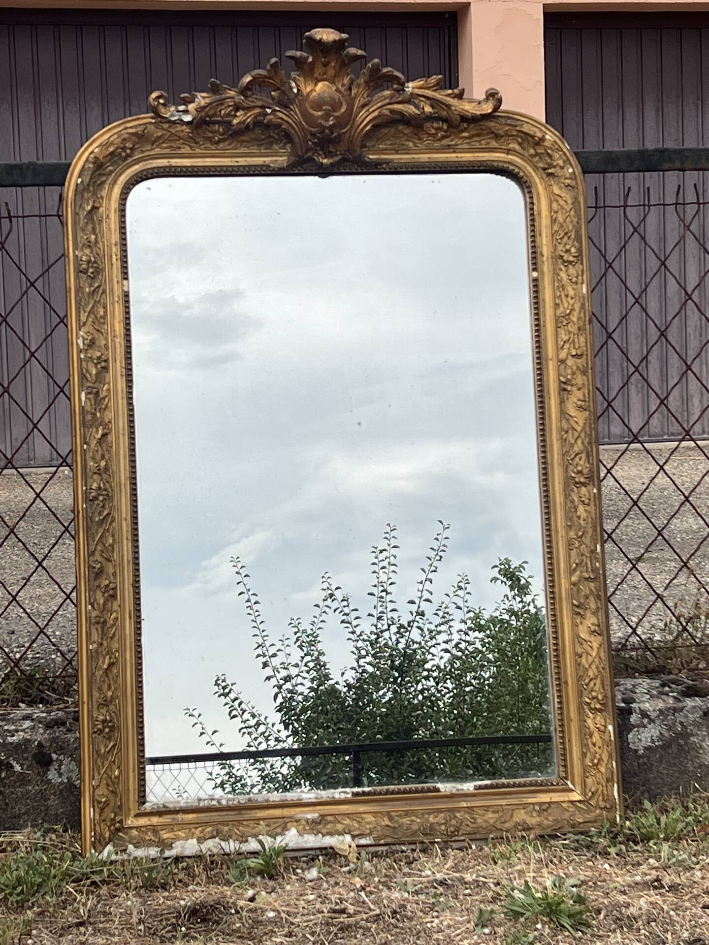 Louis-Philippe gold leaf mirror - sculpted pediment, mercury 117x76cm