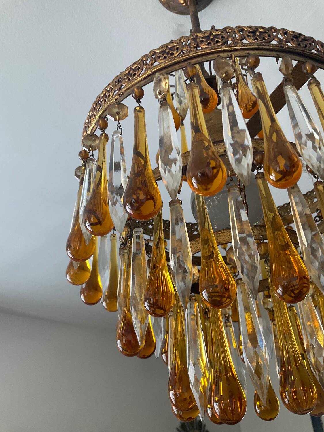 Vintage chandeliers with amber glass tassels and drops