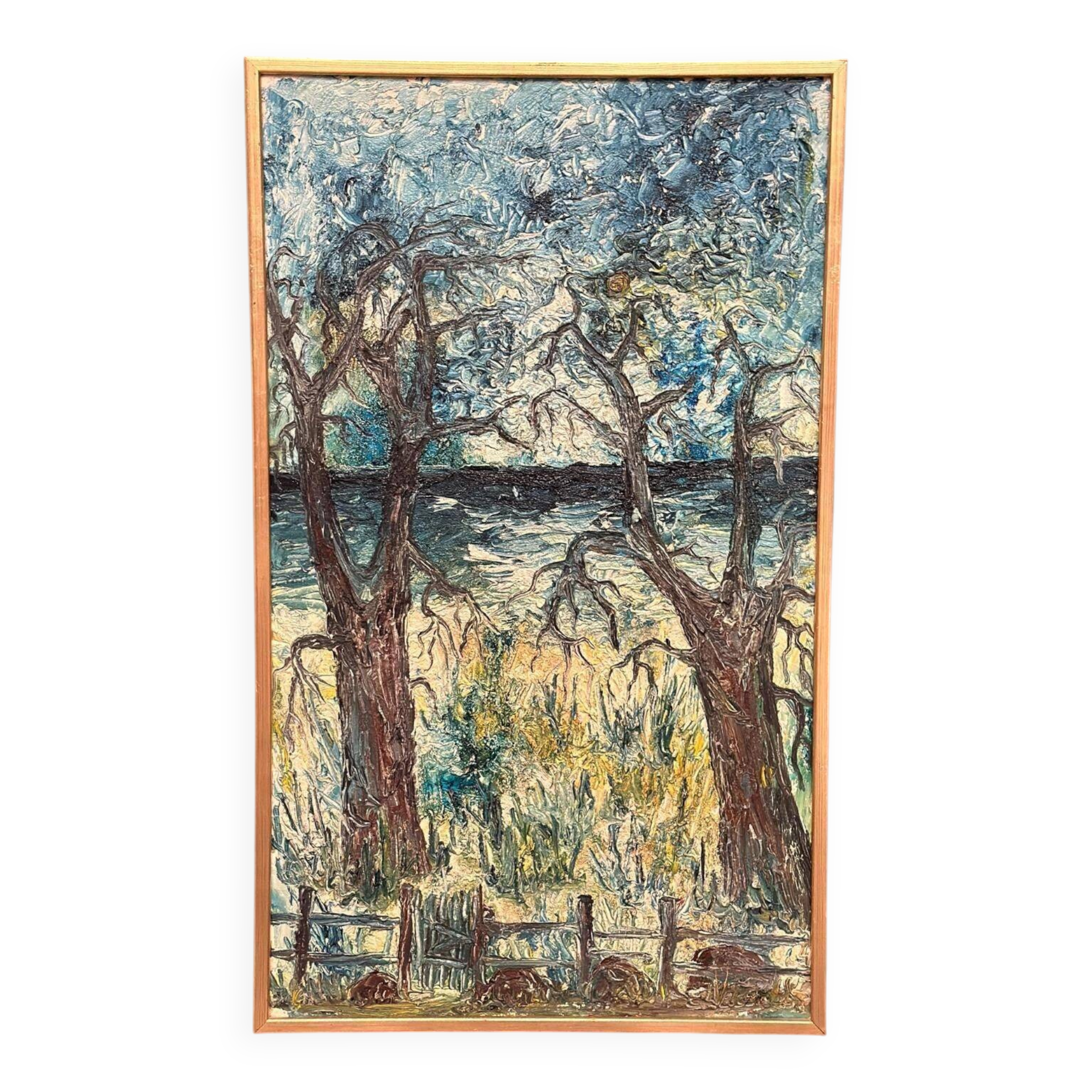 Huile sur toile originale suédoise – « Arbres » par Stig Allan – Vintage et encadrée – 88 × 53 cm (34,6" × 20,9")
