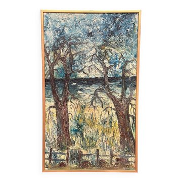 Original Swedish Oil On Canvas – “Trees” By Stig Allan – Vintage & Framed – 88 × 53 Cm (34.6" × 20.9")