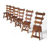 Elm wood brutalist wabi sabi dining set with 6 chairs & Table, 1960s