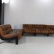 70s living room set in cognac brown leather with black wenge wood frame