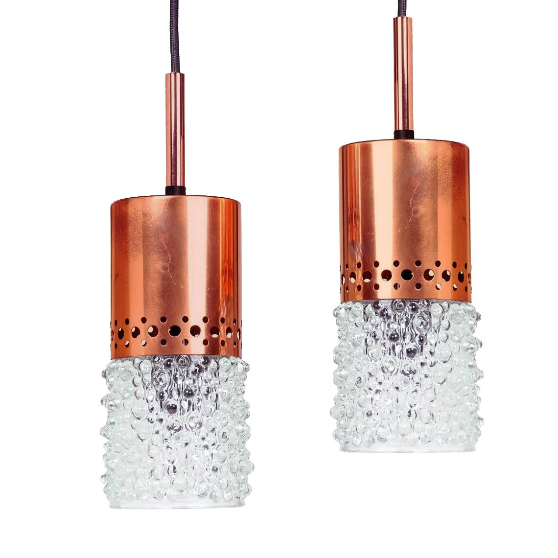 Pair of copper and bubble glass pendant lights by VEB NARVA Leuchten, year