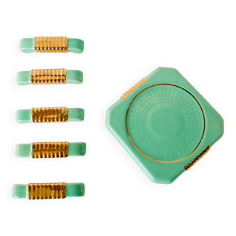 set of coasters and knife holders in mint green and gold art deco ceramic 1930
