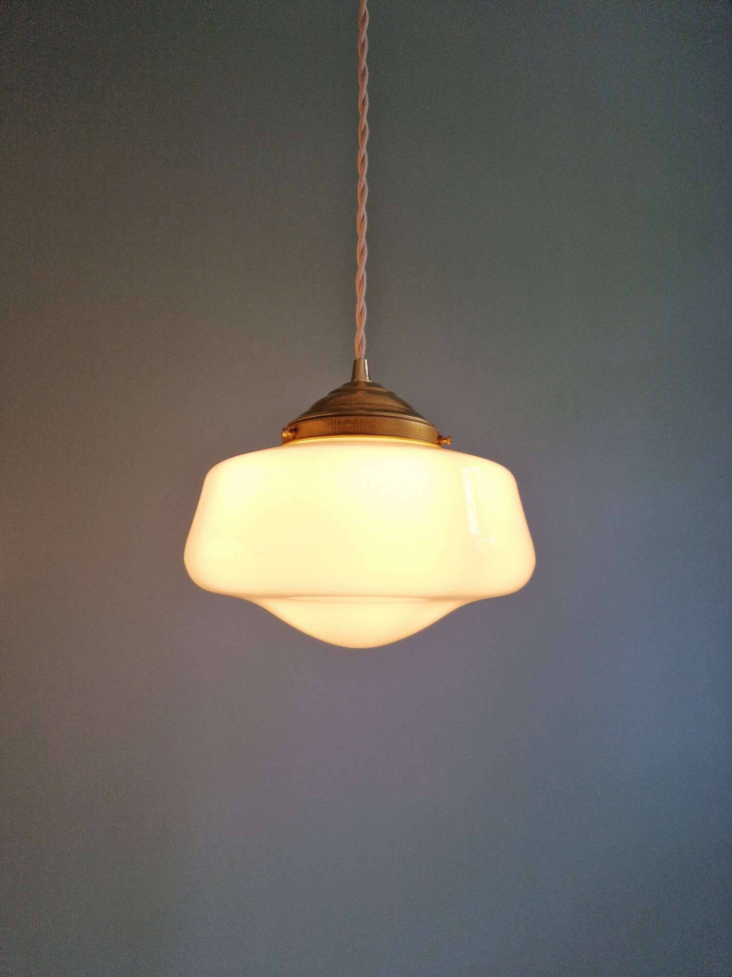 Pair of Art Deco conical white opaline pendant lights, 1920-30