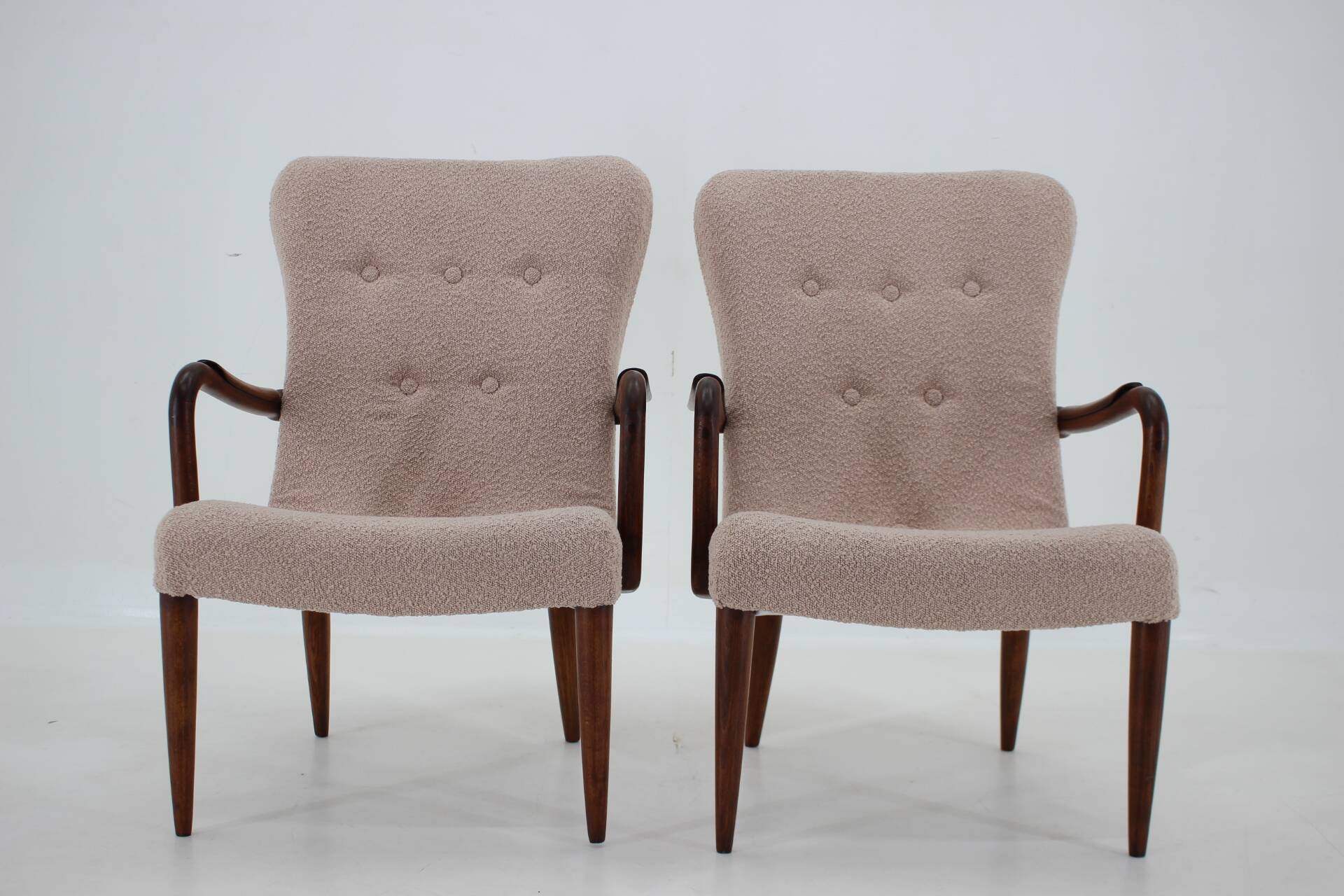 1960s pair of restored danish armchairs in boucle