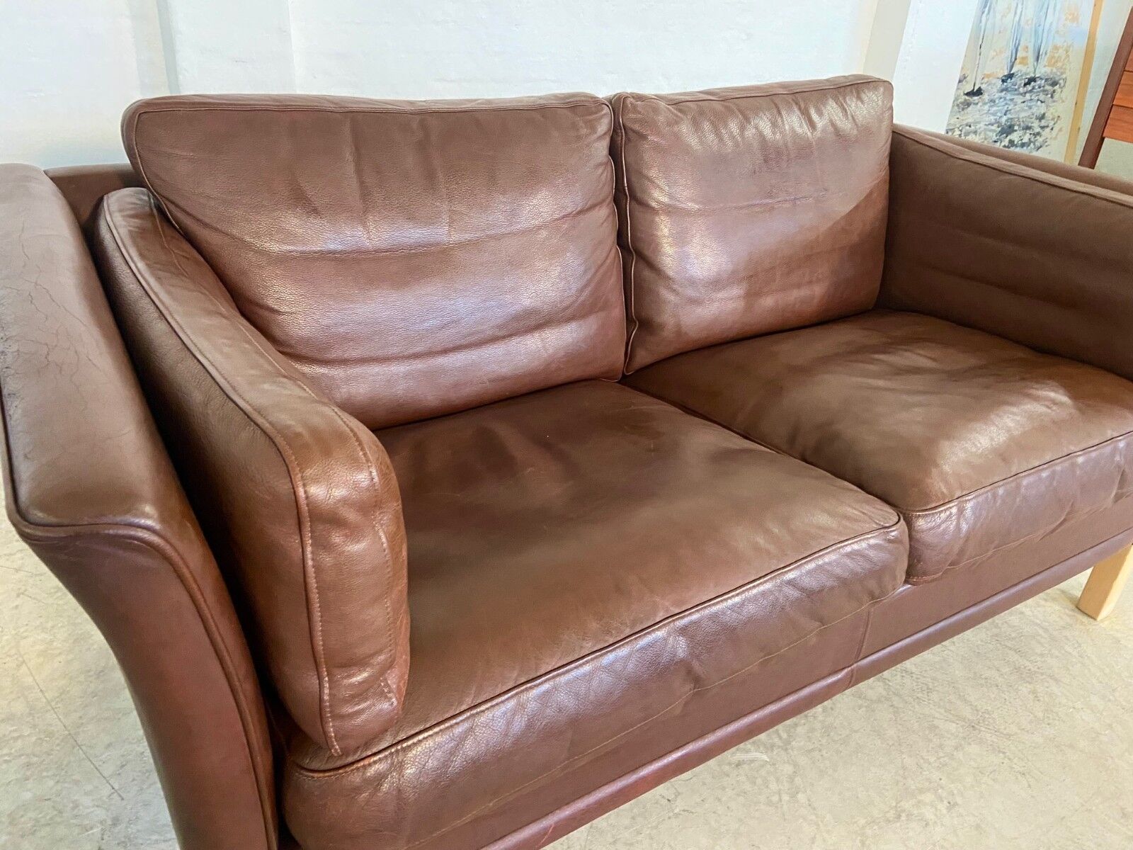 Danish mid-century vintage Mogens Hansen 2 person cognac brown leather sofa 60s