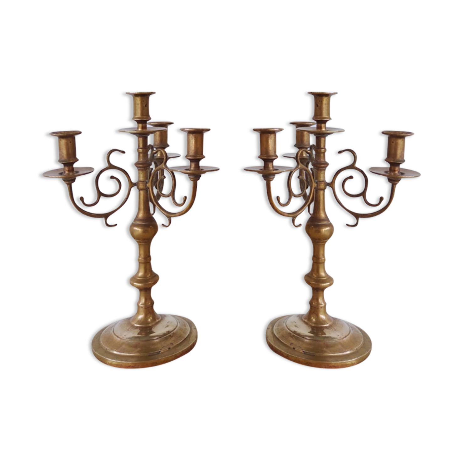 Pair of four-light candle holders in gilded brass