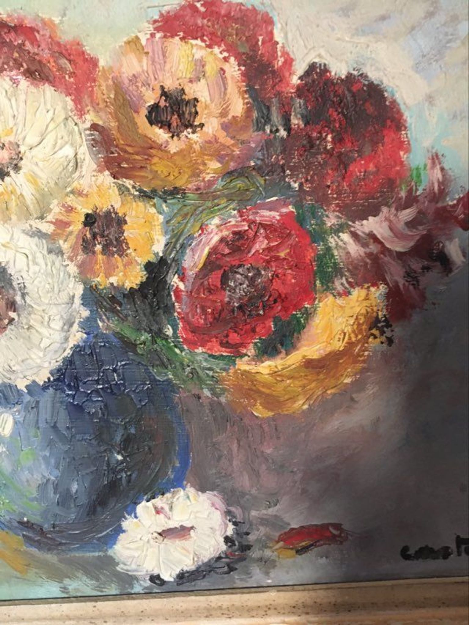 Painting still life "Bouquet of flowers in blue vase"