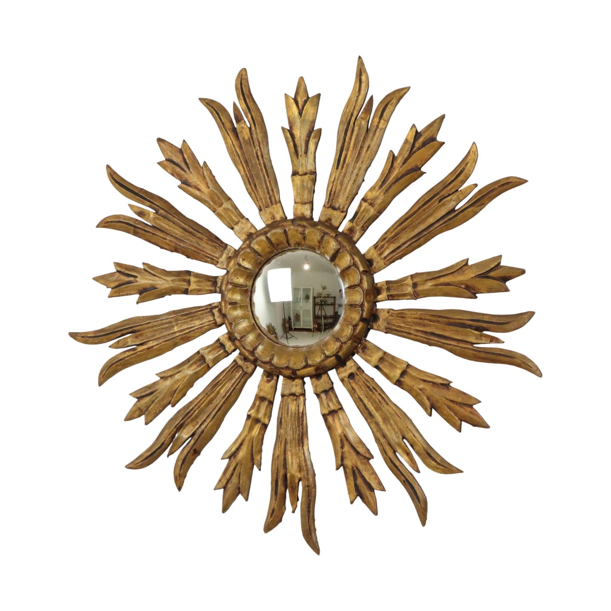 Old Wooden Sun Mirror Sunburst Mirror Gold Fifties 70cm