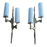 Pair of Arlus gilt bronze and opaline wall sconces