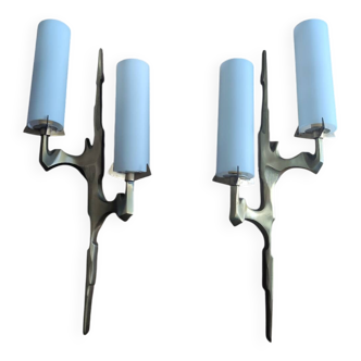 Pair of Arlus gilt bronze and opaline wall sconces