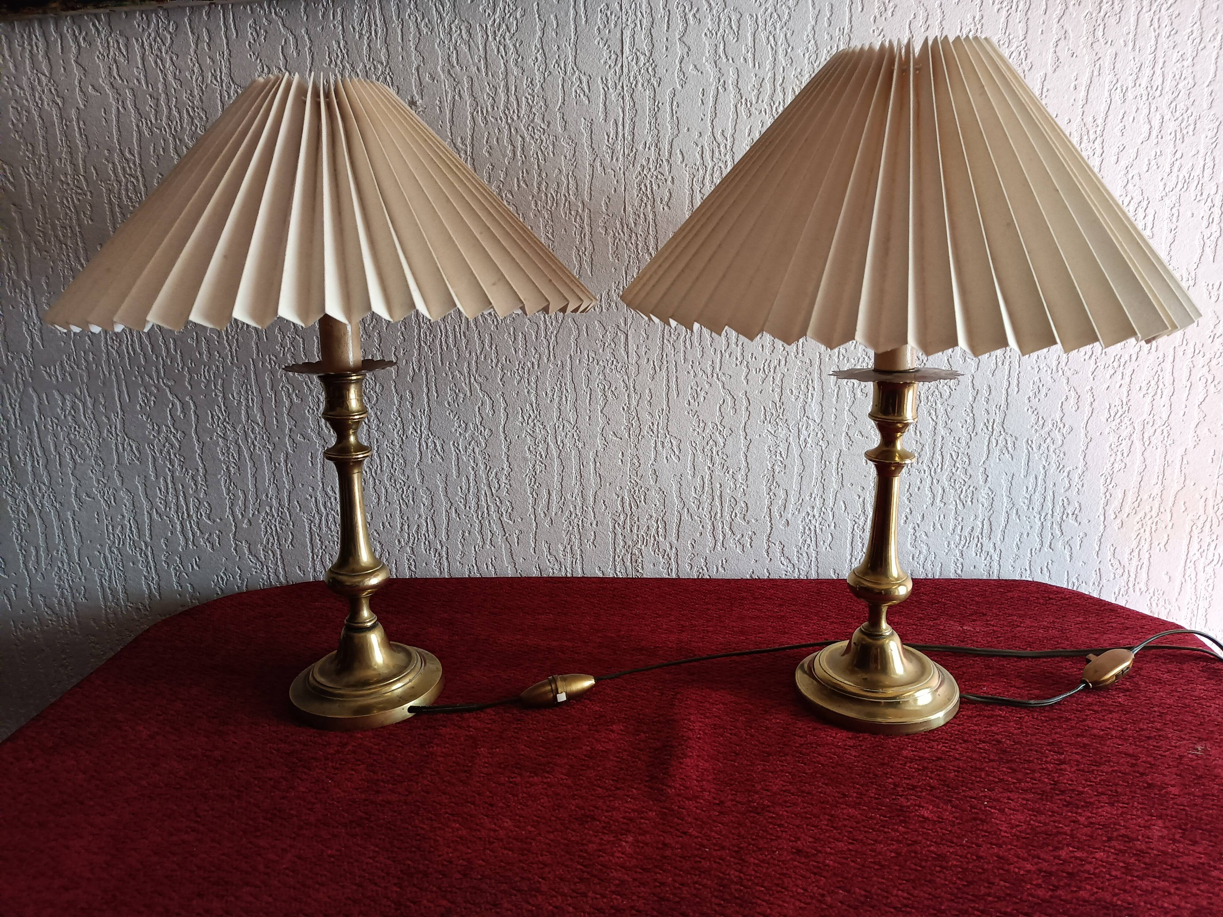 Pair of bronze bedside lamps with pleated lampshade