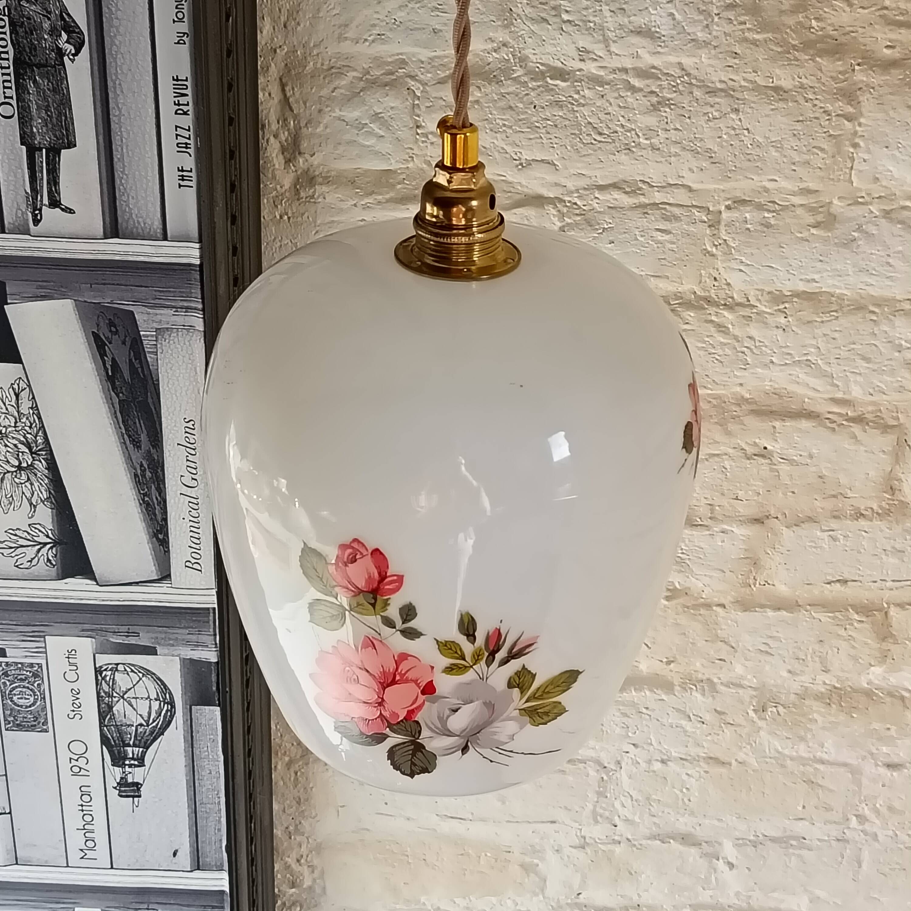 Vintage opaline glass pendant light, pink and white floral pattern, 1960s