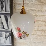 Vintage opaline glass pendant light, pink and white floral pattern, 1960s