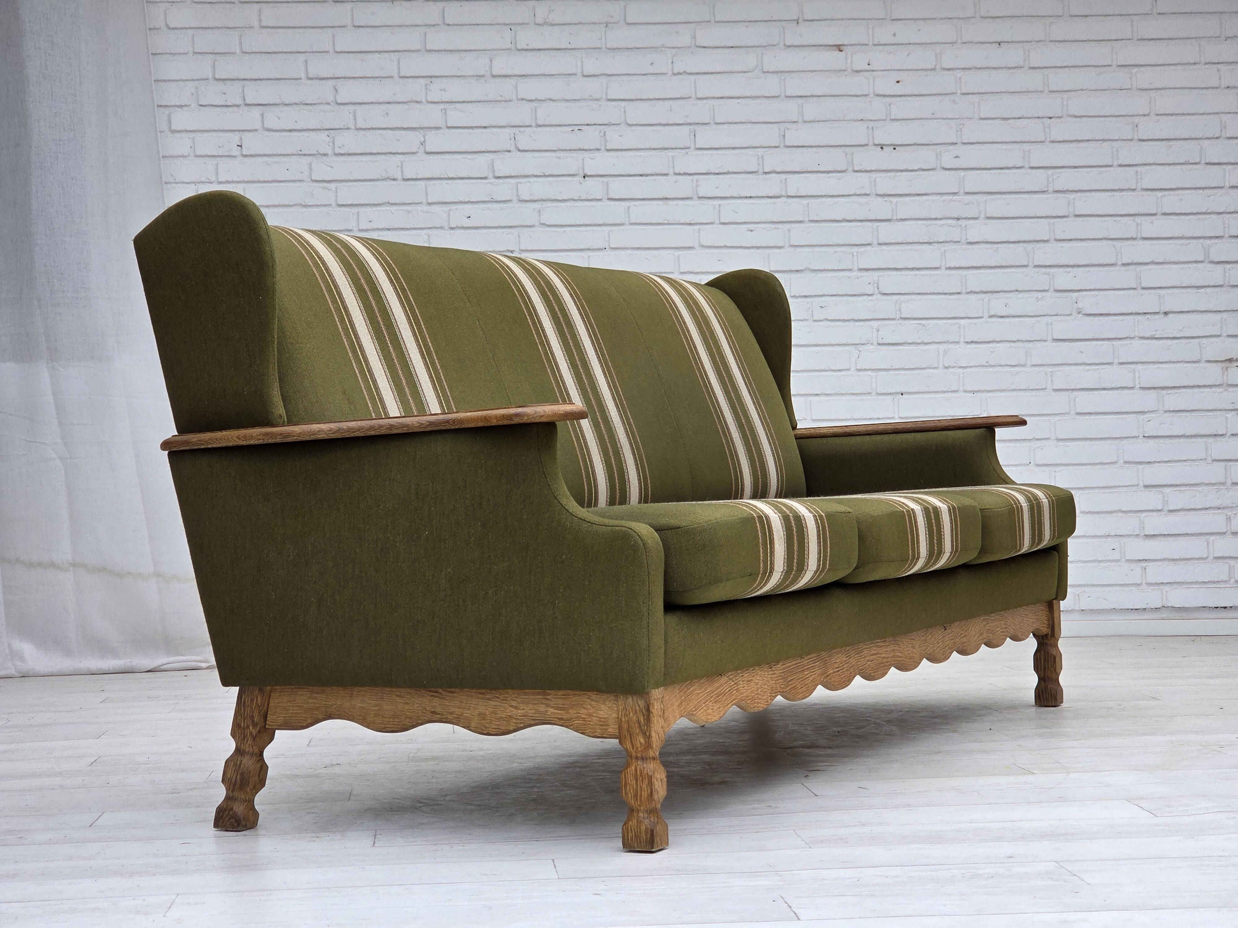1970s, Danish 3-seater sofa, furniture wool, solid oak wood.