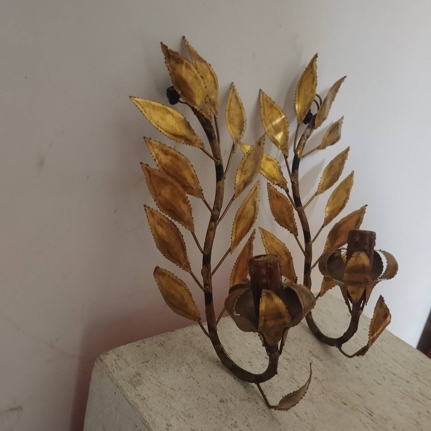 Pair of gold metal floral leaf sconces