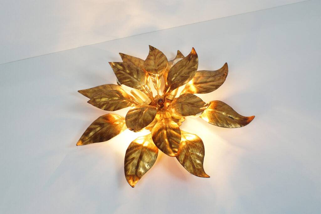 Wonderful pair gilded floral flush mount lights by Hans Kogl