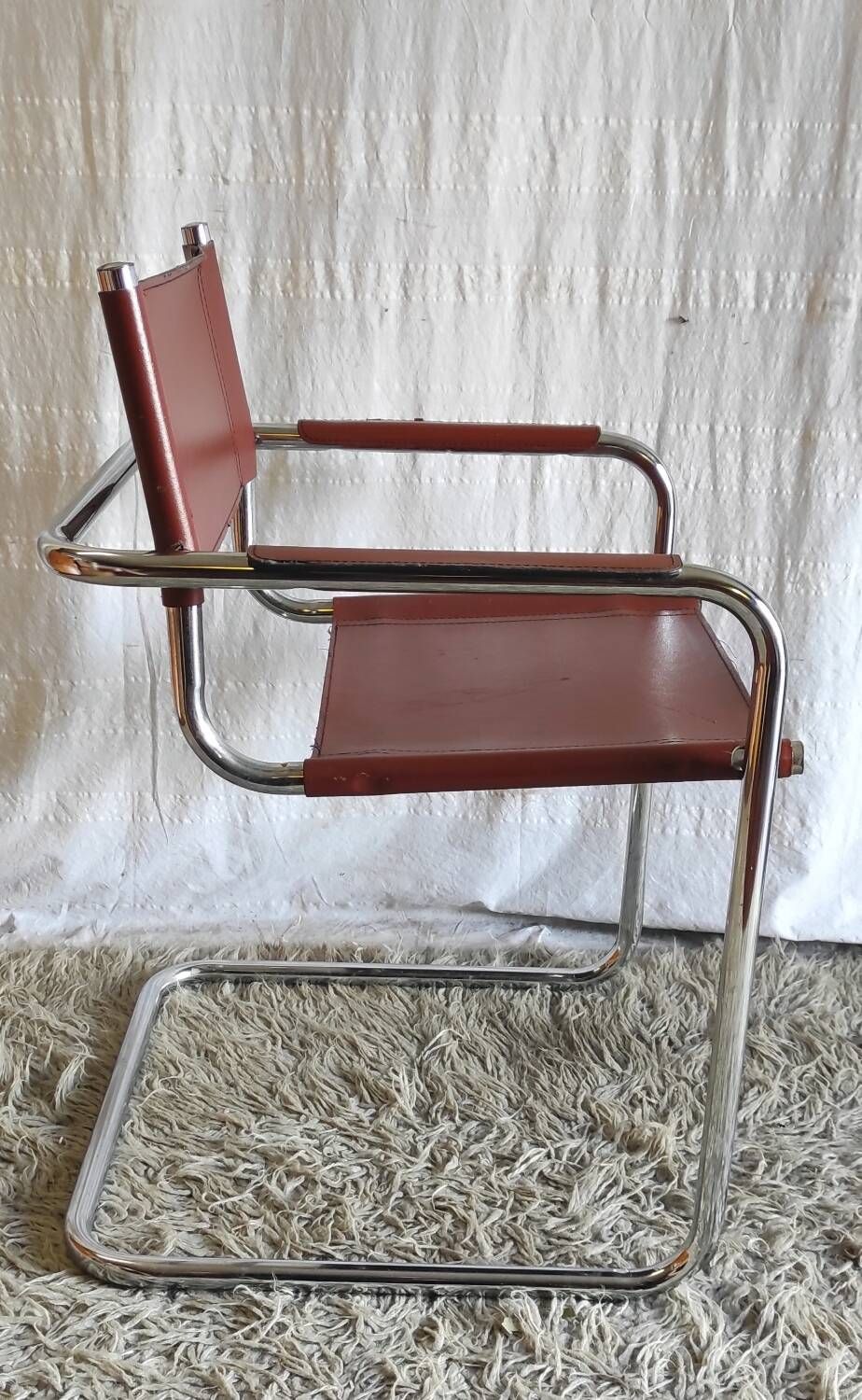 Bauhaus style chrome metal and faux leather chair - 70s/80s