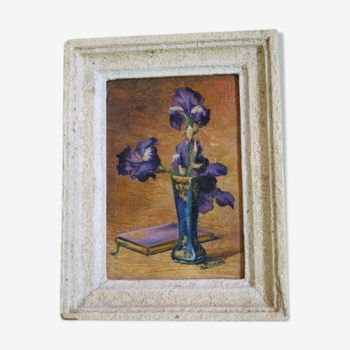 Oil painting on still life carton bouquet of iris signed