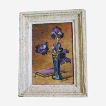 Peinture huile sur carton nature morte bouquet d'iris signé