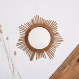 Old sun mirror 49 cm in rattan, star.