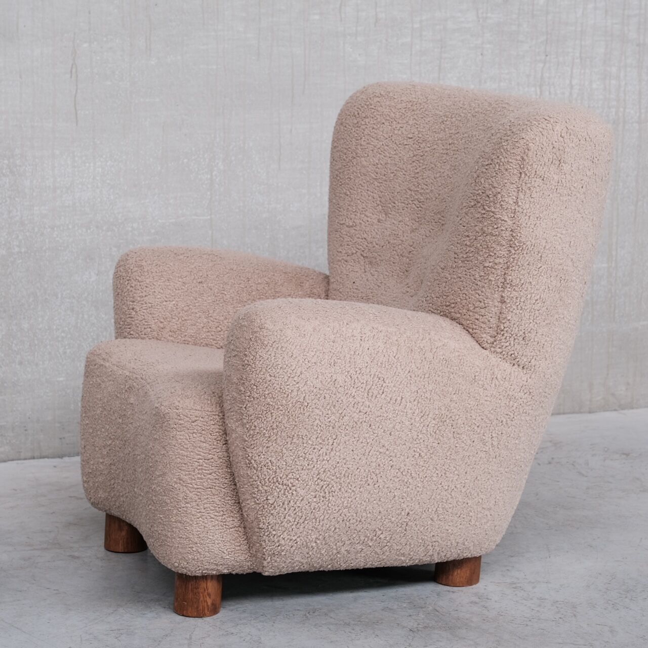 Danish mid-century wingback upholstered boucle armchair