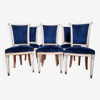 Série de 6 chaises style Consulat en bois laqué circa 1900 tapisserie façon velours de Gênes