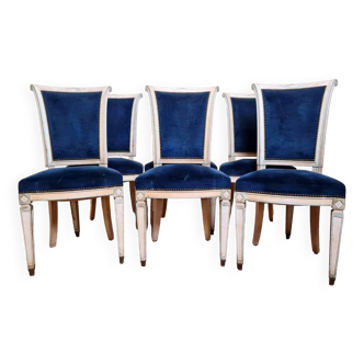 Série de 6 chaises style Consulat en bois laqué circa 1900 tapisserie façon velours de Gênes