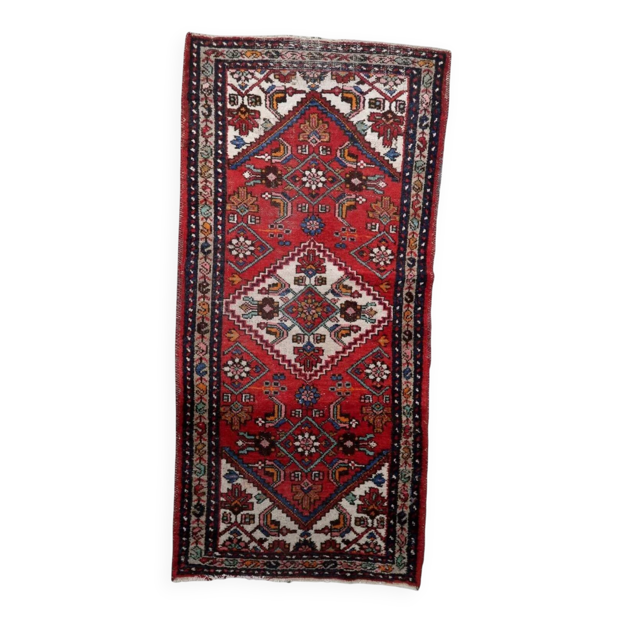 1920s Handmade Vintage Wool Medallion Rug, Red, 93 × 202 cm - 1C1292