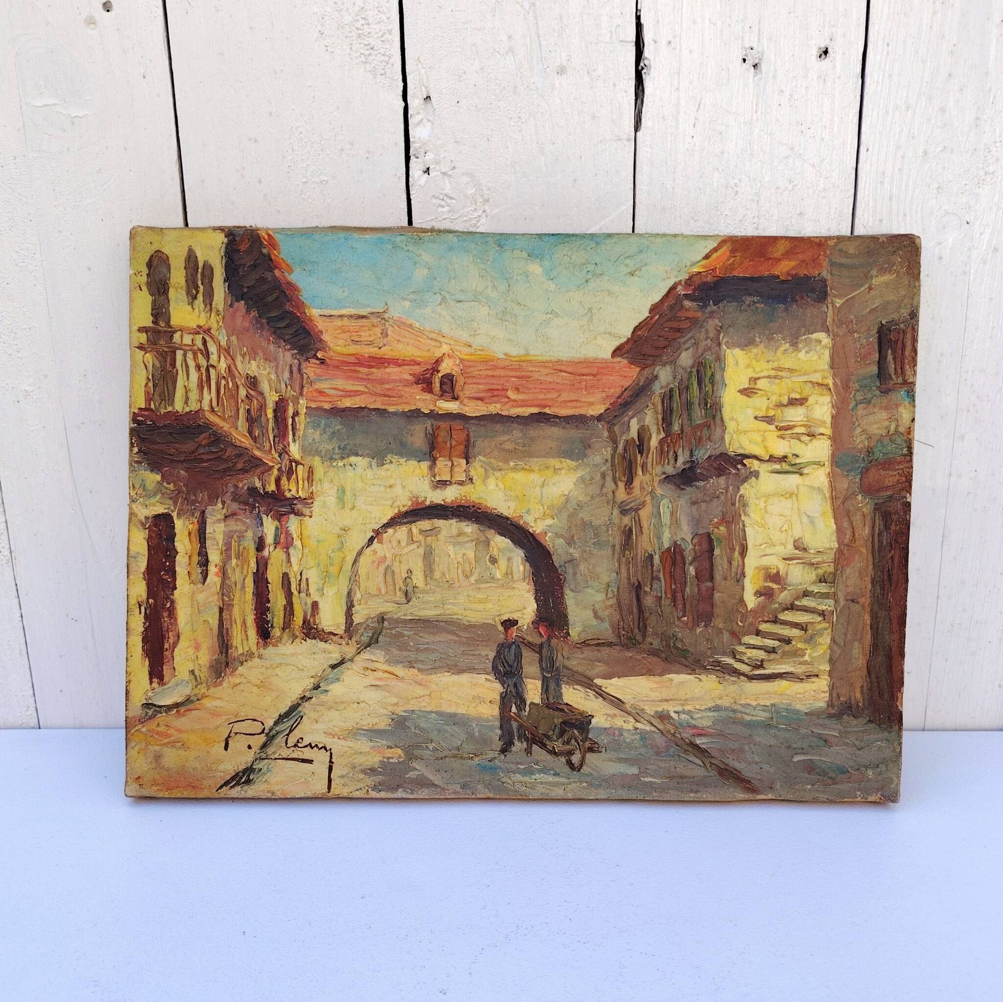Oil on canvas, rue de Bretenoux, Lot. Vintage