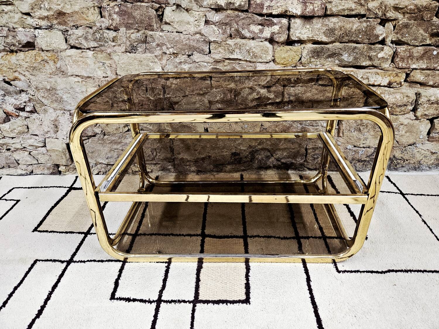Brass coffee table with sliding top and smoked glass, 1970s vintage