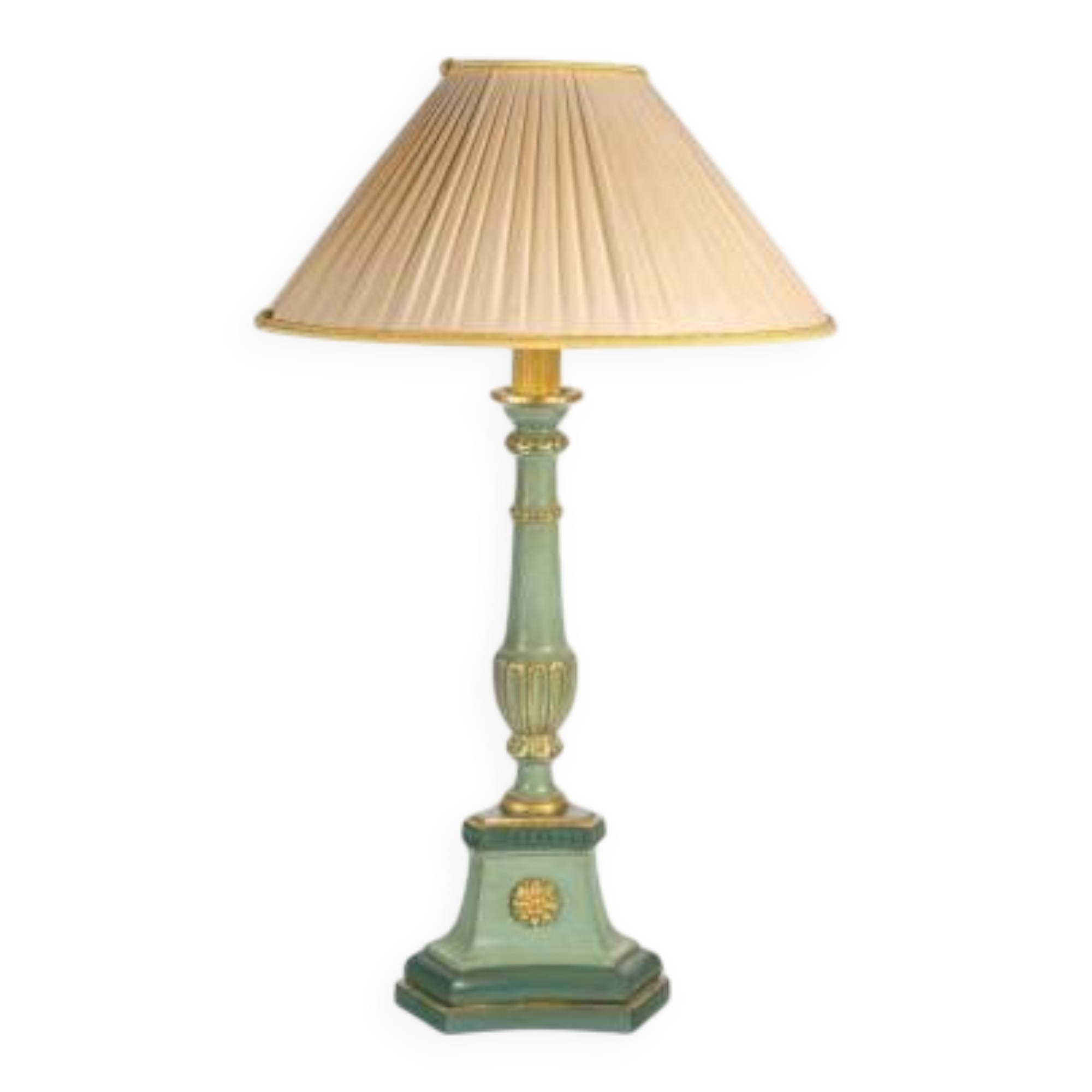 Carved, lacquered and gilded wooden lamp, 1950-1960, Louis XVI style.