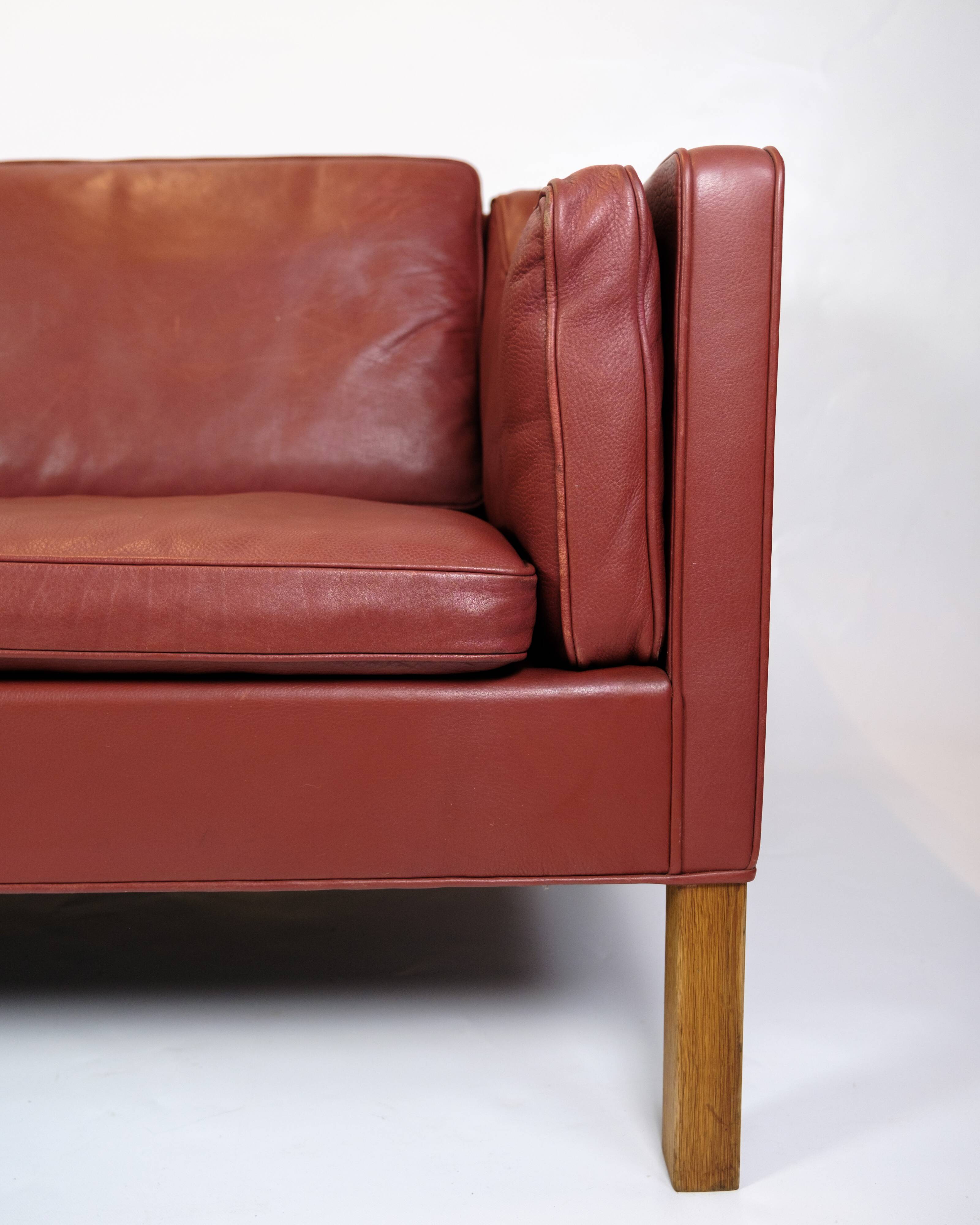 2 . Person Sofa Model 2212 Made In Red Leather & Oak Frame By Børge Mogensen From 1960s