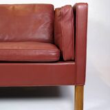 2 . Person Sofa Model 2212 Made In Red Leather & Oak Frame By Børge Mogensen From 1960s