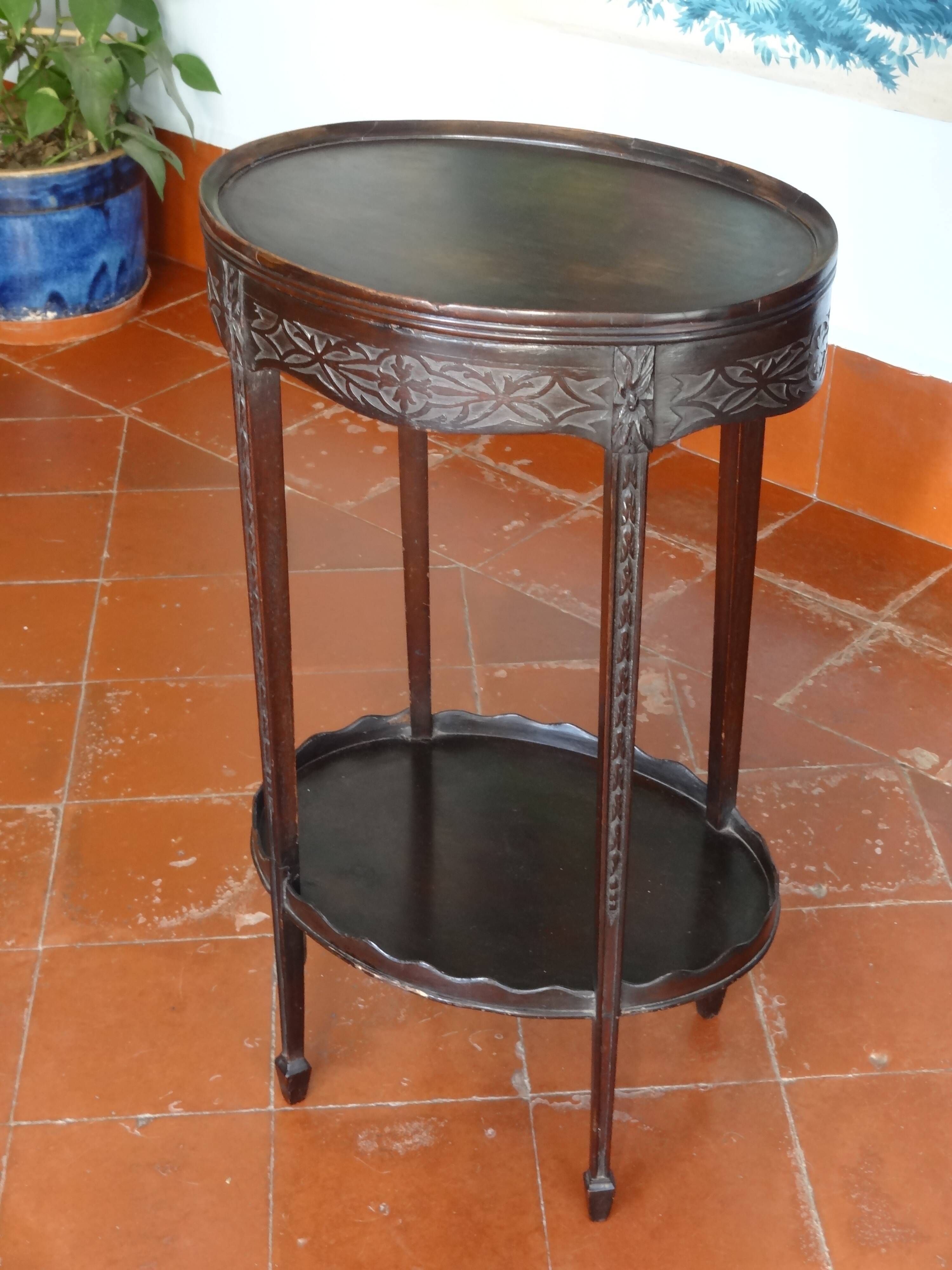 Carved wooden pedestal table with double trays 41 x 72 cm
