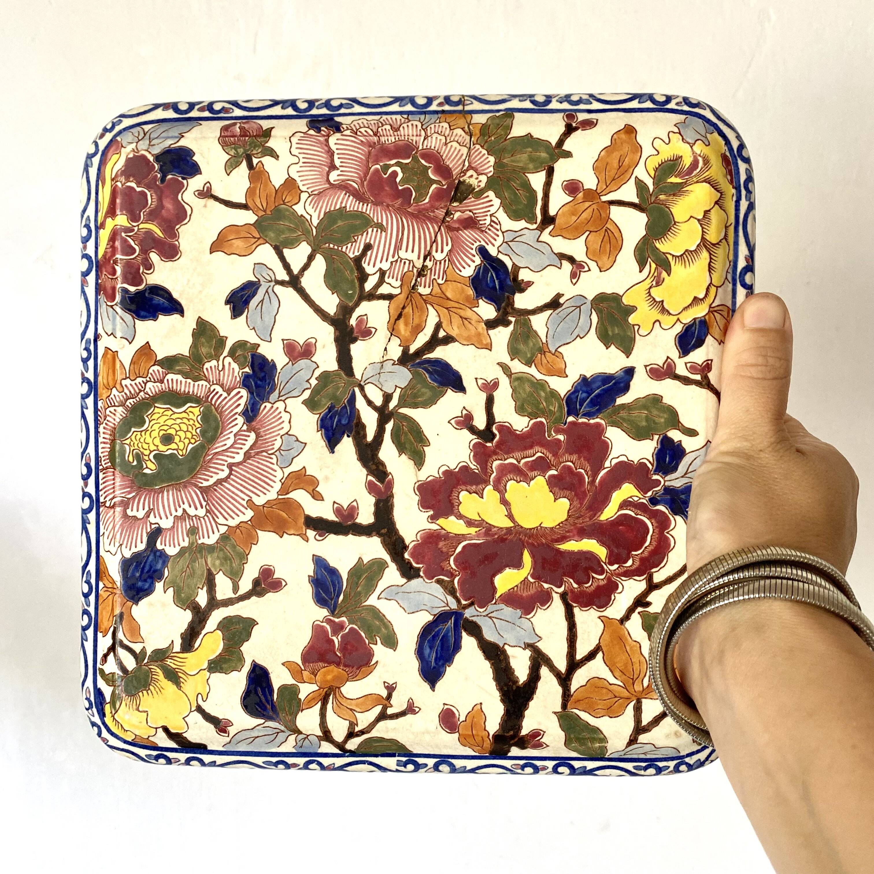 Gien earthenware trivet, Peonies